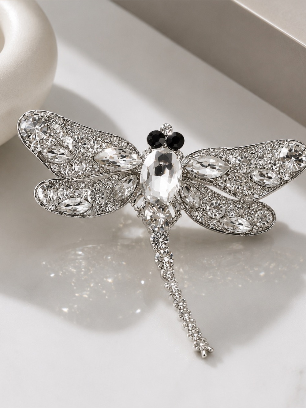 Dragonfly silver crystal rhinestone brooch